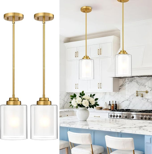 TENGXIN Modern Pendant Light,6-in Brushed Gold Modern Pendant Light for Kitchen Island,Hanging Ceiling Light Fixture,Farmhouse Pendant Lighting for Dining Room Bedroom Bar Office 2Pack,TXPLBG02-2PK-L