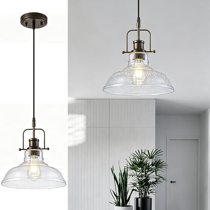 WILON Seeded Glass Pendant Lights,11 Inch Rust-Coloured Pendant Lights Kitchen Island with E26 Base Vintage Hanging Ceiling Lamp for Kitchen Sink Hallway Dining Room Entry Hall