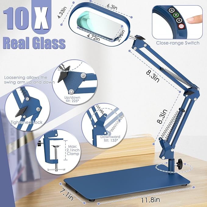 Drdefi 10X Square Magnifying Glass with Light and Stand, Real Glass LED Lighted Magnifier, 5 Color Modes Stepless Dimmable, Hands-Free Mag Desk Lamp with Clamp for Reading Craft Hobby Close Work Blue