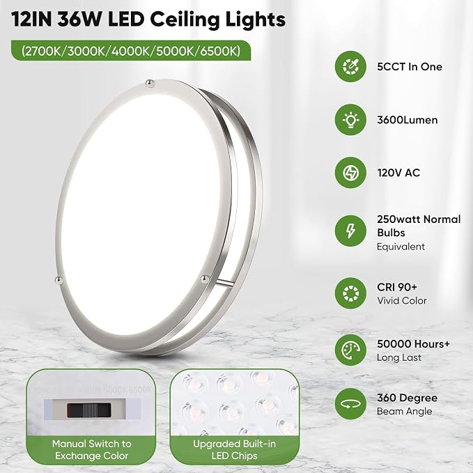 TOBUSA 2-Pack 12 Inch Flush Mount LED Ceiling Lights, 36W 3600lm Super Bright Kitchen Light Fixtures, 5CCT Adjustable LED Lights for Bedroom Bathroom Closet, Modern Ceiling Lamps, Brushed Nickle