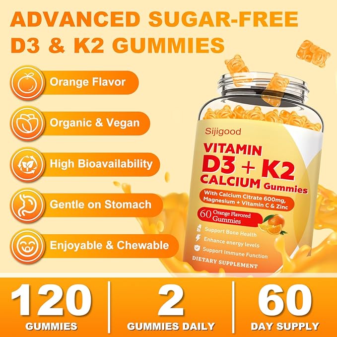 Gummies Vitamine D3 K2 avec D3 10000 UI et K2 200 MCG, Supplément de Vitamine D 6-en-1 avec Magnésium, Zinc et Calcium pour le Soutien Osseux, Immunitaire et Énergétique, Sans Sucre, Arôme Orange, 120 Unités