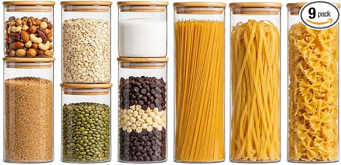 Airtight Glass Storage Containers with Lids Set, 9 Pack Pantry and Pasta Storage Containers 25/37/51/78oz, Square Kitchen Canister Set for Flour Sugar Rice, Cereal Beans Oats Spaghetti Pasta