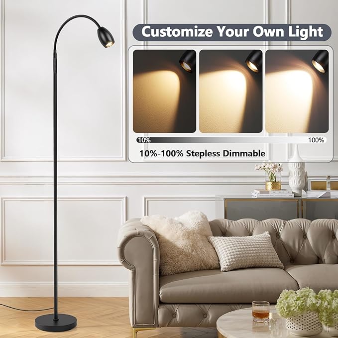 Reading Floor Lamp 10W High Wattage, 72" Tall LED Lamp with Gooseneck, Dimmable Zoomable Spotlight, Adjustable Color Beam Standing Lamp, Touch & Remote Control, Task Craft Living Room, Matte Black