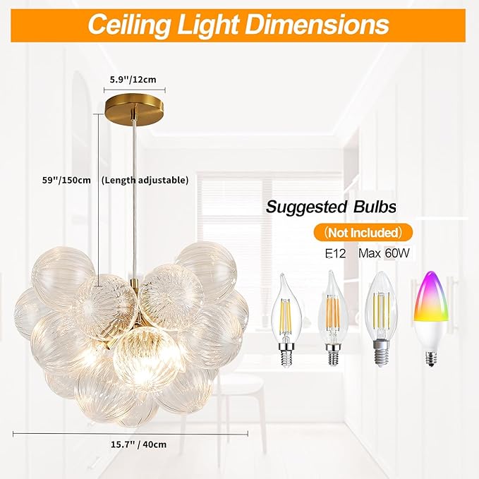 Surpars House Clear Bubble Ball Chandelier, Modern Glass Ceiling Light, 4 Lights Pendant Lighting Fixture for Bedroom,Livinng Room,Dining Room