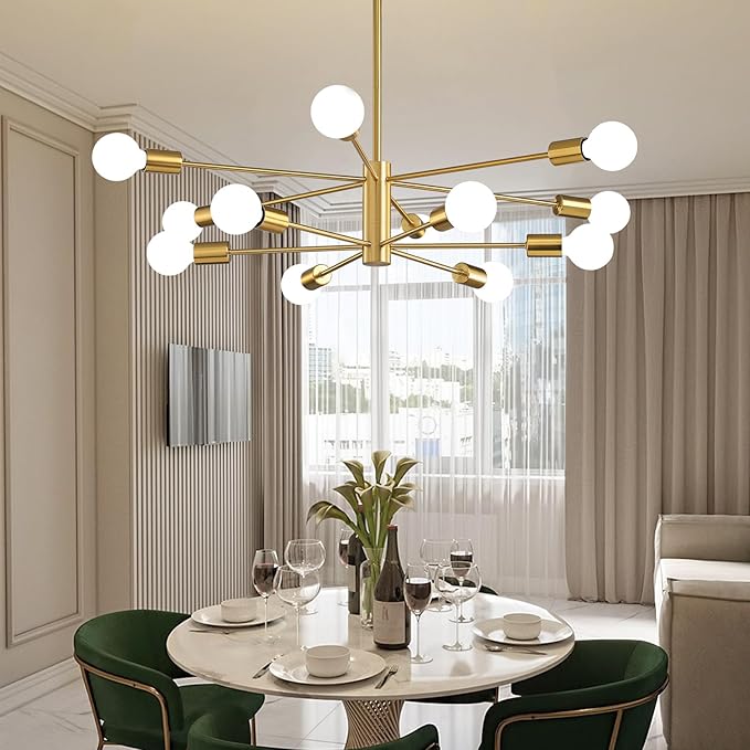 KAISITE Modern Sputnik Chandelier Ceiling Light Fixture 12-Light Gold Chandelier for Dining Room Over Table Height Adjustable Mid Century Industrial Chandelier for Kithchen Living Room Entryway