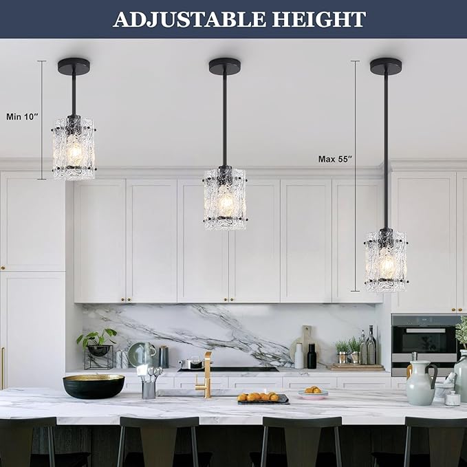 Black Glass Pendant Lights Kitchen Island, Water Ripple Round Pendant Lights Adjustable Modern Hanging Pendant Light Fixtures for Kitchen Island Dining Room Above Sink Foyer Entryway 2 Pack
