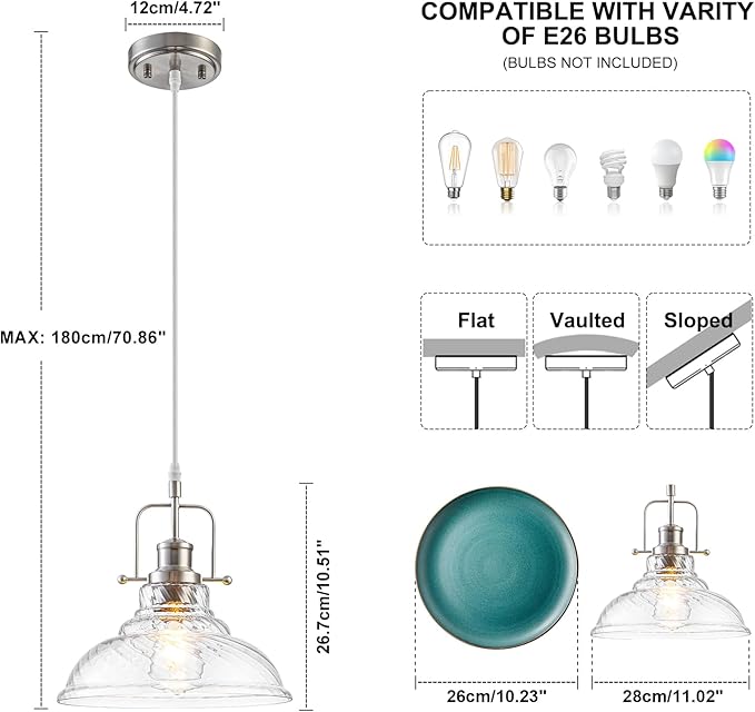 WILON Brushed Nickel Striped Glass Chandelier Pendant Lights Kitchen Island Lighting, Modern Hanging Lamp for Sink Dining Room Over Table Hallway Entryway Bar Foyer Bathroom