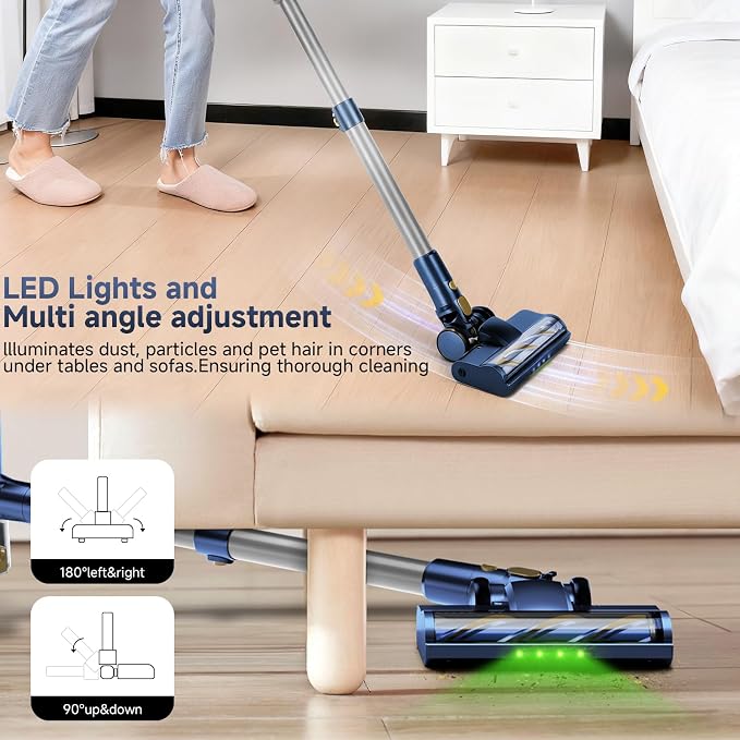 Cordless Stick Vacuum Cleaner - 40KPA Powerful Suction Vacuum with 45 Min Runtime, Detachable Battery, Anti-Tangle & 1.5L Dust Cup, 8 in 1 Vacuum Cleaner for Pet Hair, Carpet, HardFloor, Blue