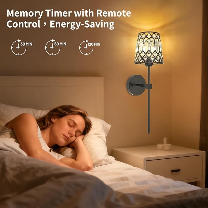 Black Battery Operated Wall Sconces Set of 2, Crystal Rechargeable Wireless Wall Sconce Lights for Home Decor, Dimmable 12 RGB and 3CCT Wall Lamps with Remote for Living Room Bedroom Hallway