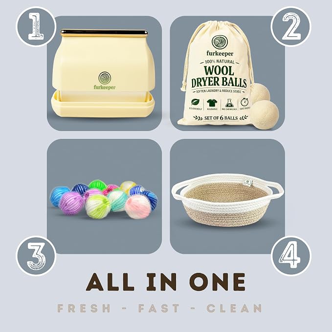 Pet Hair Remover Laundry Bundle - Washable Gel Lint Roller, Wool Dryer Balls, Dog & Cat Hair Catcher Washer Balls & Woven Storage Basket