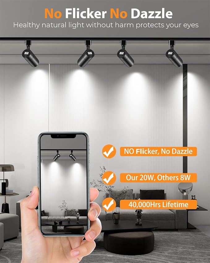 VANoopee 3-Color Zoomable 20W LED Track Lighting Heads H Type Track Light Heads Dimmable Bright Ceiling Spotlight Fixtures for Kitchen, 3000K 4000K 5000K Adjustable, CRI90+ 15°-60° 2000lm Black 4 Pack