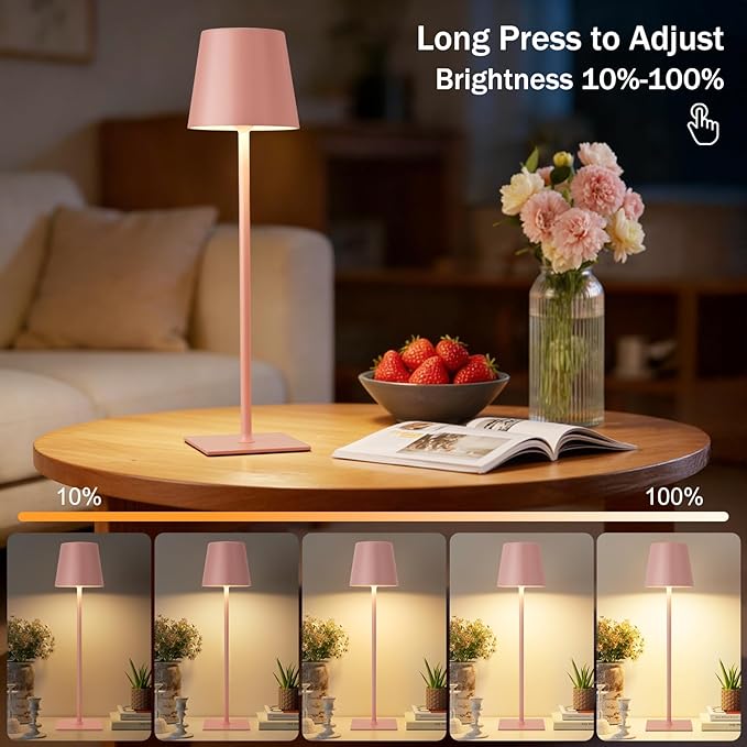Kakanuo Pink Cordless Rechargeable Table Lamp, 2 Pack Portable Desk Lamp with 5000mAh Battery, Touch Control Stepless Dimming, Wireless Night Light for Dining, Outdoor Camping, Coffee Shop