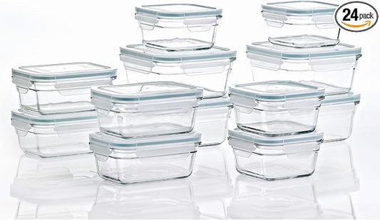 Glasslock Ring Taper 24 Piece Set Stackable Oven Microwave Safe Glass Food Storage Containers with Airtight Latching Lids,Clear