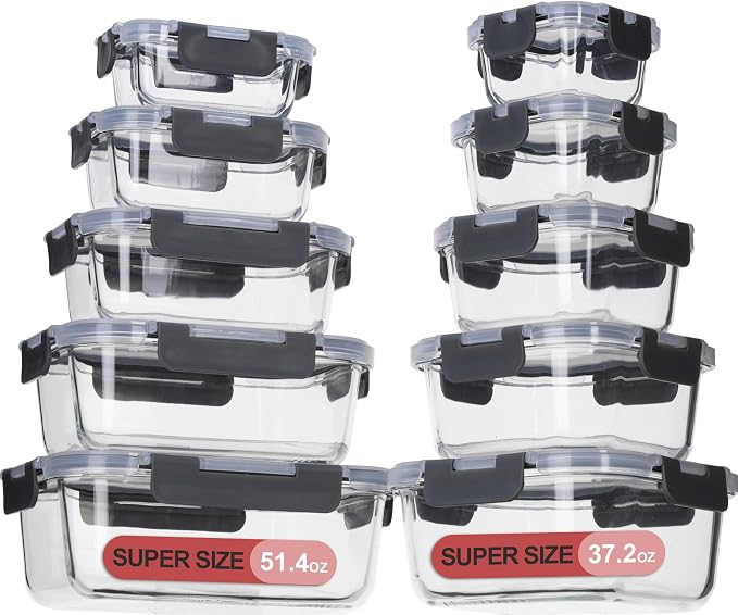coccot Glass Food Storage Containers with Lids Airtight, Glass Meal Prep Containers for Lunch Food, Container Set, Easy to Open& Close/Microwave,Oven,Freezer,Dishwasher Safe/Leak-Proof（20 Pieces）