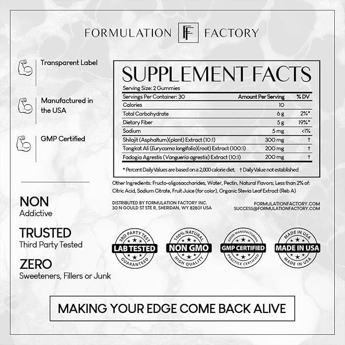 Formulation Factory Self Obsessed Shilajit Gummies for Men, Shilajit + Tongkat Ali + Fadogia Agrestis Supplement, Energy, Strength, Drive & Vitality Support, (2 Month Supply – 120 Count, Pack of 1)