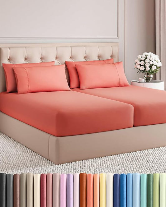 Split King 7 Piece Sheet Set - Comfy Breathable & Cooling - Ultra-Soft Hotel Luxury Bedding Set w/ 8-16 Inch Deep Pockets - 1 Flat & 2 Fitted Sheet & 4 Pillowcases - Wrinkle Free & Easy Care - Coral
