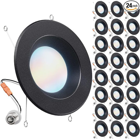 Sunco 24 Pack 5CCT Black LED Recessed Lighting 6 Inch, 2700K/3000K/3500K/4000K/5000K Selectable, Dimmable Can Lights, Baffle Trim, 13W=120W, 965 LM, Damp Rated, Retrofit Installation - UL Listed