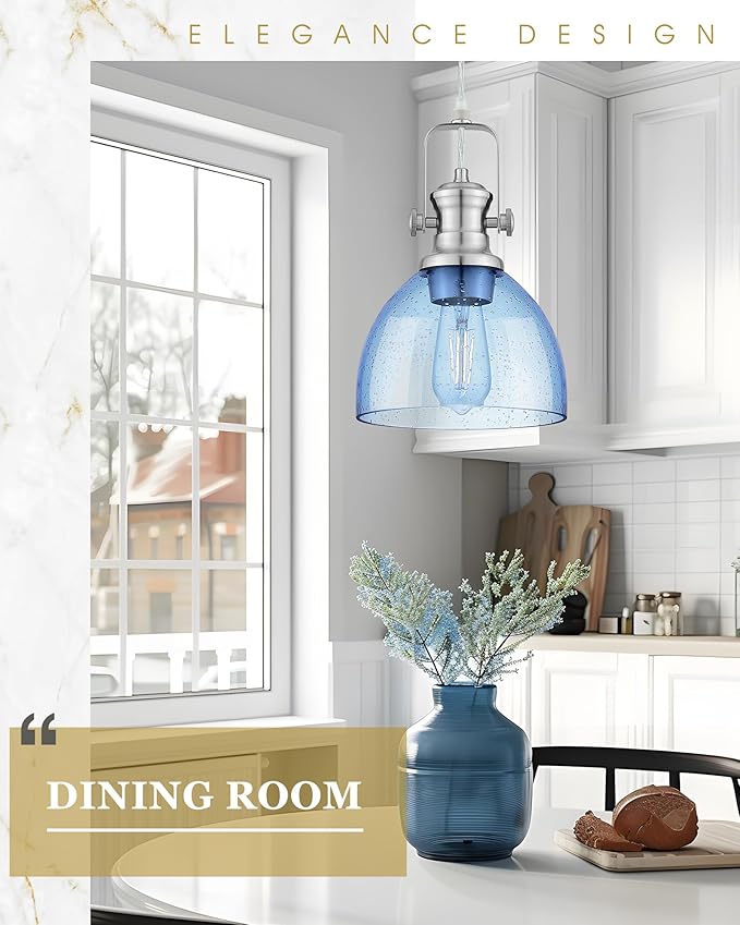 Pendant Lights Kitchen Island, 7.5" Farmhouse Pendant Lighting with Blue Seeded Glass Shade, Vintage Hanging Light Fixtures for Dining Room, Brushed Nickel Finish, AD-22151-1P-SN-BL