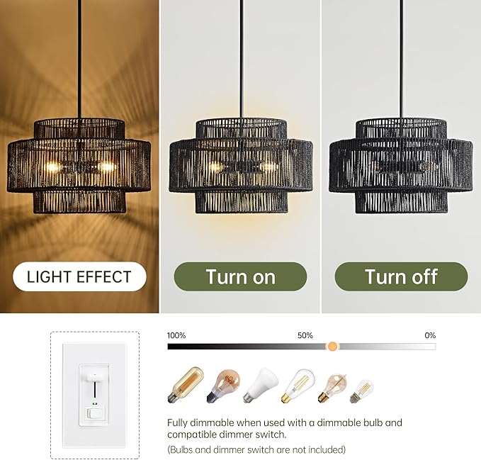 4-Light Black Boho Rattan Chandelier for Dining Room, 17.7” Hand Woven Pendant Light Fixture, Coastal Wicker Hanging Ceiling Light for Kitchen Island Living Room Bedroom Entryway Foyer
