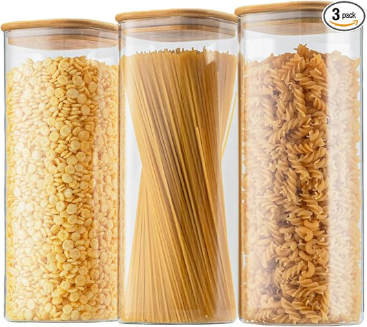 D2scrma 71oz Glass Square Storage Containers with Bamboo Lids Set of 3 (2100ml) Tall Food Storage Canisters Kitchen Jars for Pantry Organization Pasta, Penne, Macaroni, Lasagna, Fusilli