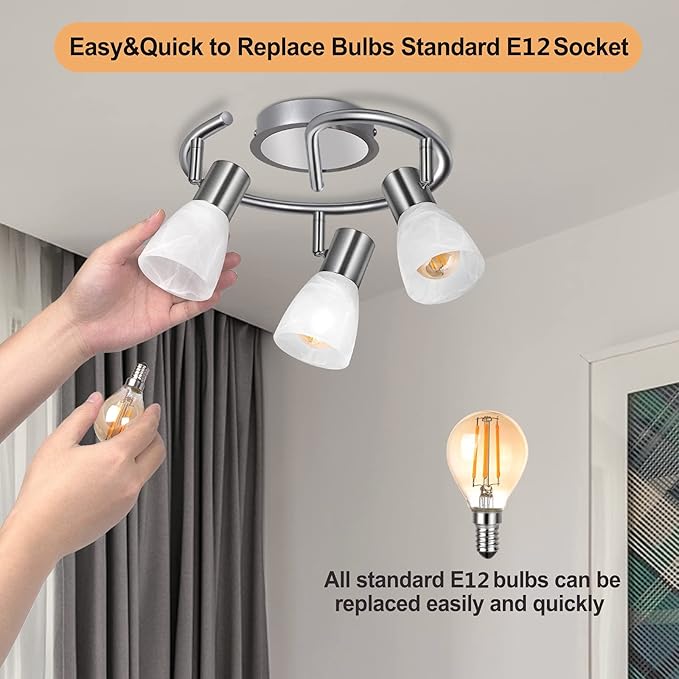 HiBay LED 3-Light Track Lighting Kit, Adjustable Ceiling Light Fixture Round, Modern Kitchen Spotlight with Glass Lampshade for Living Room Bedroom Hallway, E12 Base (Bulbs Not Included)