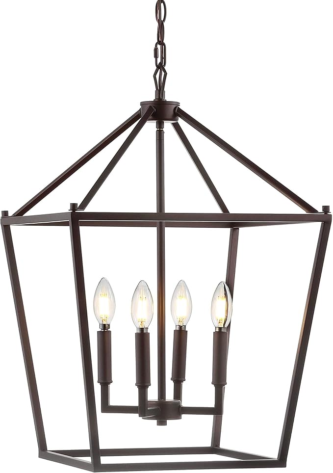 JONATHAN Y 16" Oil Rubbed Bronze Lantern Pendant Light, 4-Light Pagoda Style Metal Cage Farmhouse Hanging Ceiling Fixture for Kitchen Island, LED Bulb Included (JYL7437A)