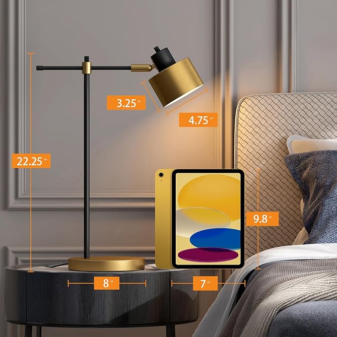 OYEARS 22.2" Modern Desk Lamp, Metal Table Lamp with LED Bulb, Adjustable Reading Lamps for Living Room, Mid Century Task Lamp for Home Office, Industrial Bedside Lamps with Solid Base,Black and Gold
