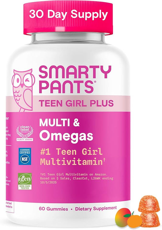 Gommes multivitaminées SmartyPants pour adolescentes - Formule améliorée : Oméga 3 (DHA/EPA), Vitamine C, D3, B12, Vitamine A, K & Zinc, Biotine pour soutenir la santé des cheveux, de la peau et des ongles, Sans gluten, 60 gommes (pour 30 jours)
