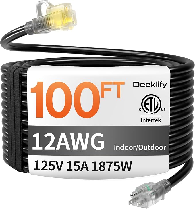 12 Gauge 100 FT Heavy Duty Outdoor Extension Cord Waterproof with Lighted End,Black 12 Gauge Extension Cord Flexible and Cold Resistant 3 Prong Grounded Plug,15Amp 1875W SJTW ETL Listed