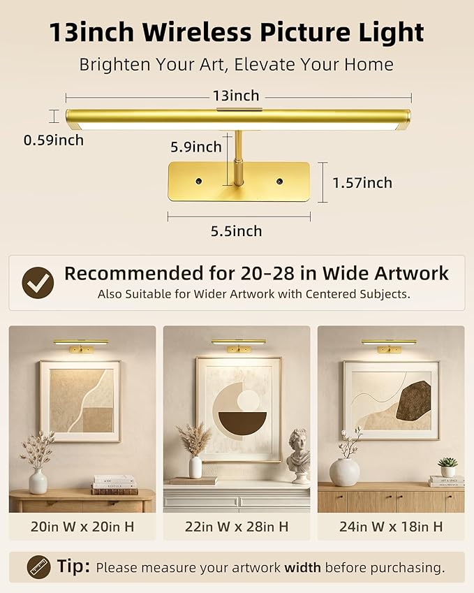 EZVALO Picture Light for Wall, 4800mAh Rechargeable Wireless Remote, 13'' Dimmable Magnetic LED Art Display Light with 3 Color Temperatures, for Gallery, Living Room, Bedroom, Hallway (Gold)