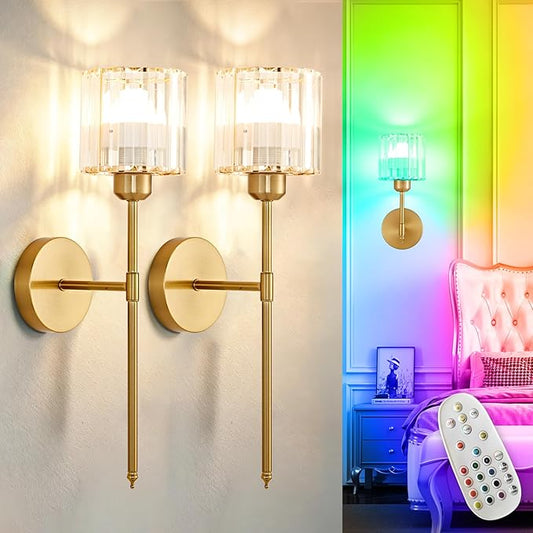 Depuley Battery Operated Wall Sconce: Set of 2 Wireless Crystal Wall Lights with Remote for Bedroom - Rechargeable 15 Colors Gold Wall Lamp for Living Room Hallway Home Decor