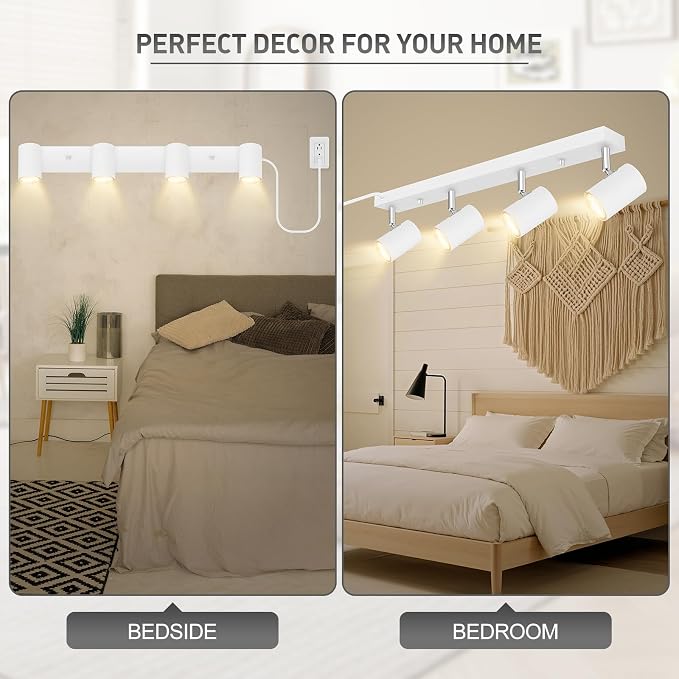 BoostArea LED Track Lighting Ceiling Fixtures, White 4-Light Plug in Track Lights for Kitchen, 23" Ceiling Spotlight, 15 FT Cord,Flexibly Rotatable Wall Mount Light Head for Bedroom Hallway
