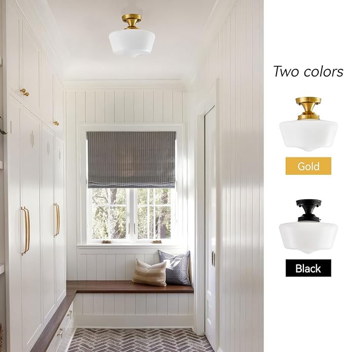 youngrender Semi Flush Mount Ceiling Light, Gold Schoolhouse Milk Glass Light Fixture, Vintage Brass Farmhouse Ceiling Light for Kitchen Hallway Entryway Bedroom Dining Room, E26