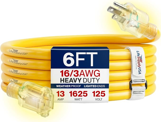 6ft Outdoor/Indoor Extension Cord 16/3 Gauge Heavy Duty 3 Prong SJTW, Waterproof, Flexible Cold-Resistant Long Power Cord,13A 125V 1625W, Yellow by LifeSupplyUSA