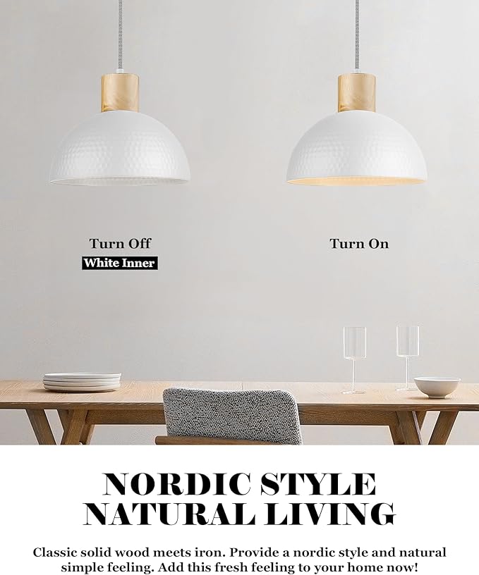 ELYONA 2 Pack Hammered Pendant Lights, 12" Modern Metal Dome Hanging Lamp Solid Wood Pendant Light Fixtures for Kitchen Island, Farmhouse, Dining Room, Sink, Bedroom, Hallway, Nordic White