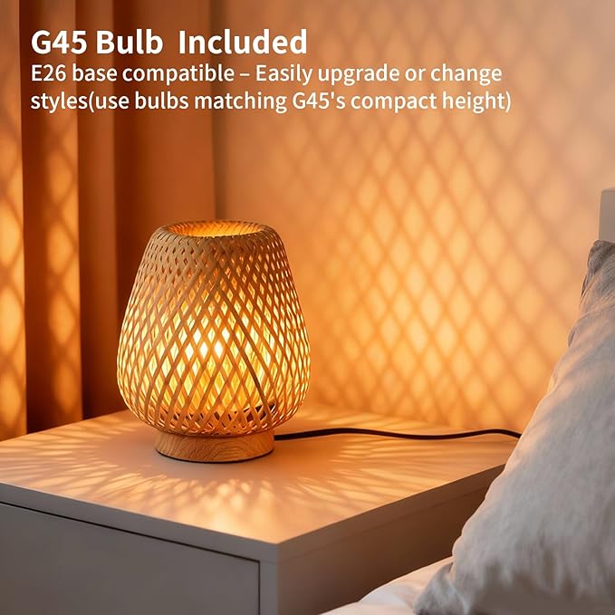 Boho Table Lamp with Double Layer Woven Shade Wood Base, Desk Bedside Small Rattan Lamps, 110V Plug, Dimmable E26 Socket (Bulb Included) for Living Room Night Stands Bedroom