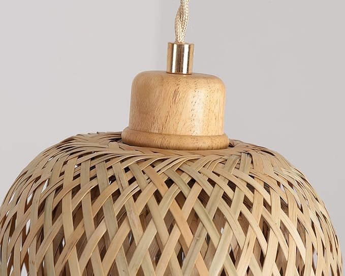 Bamboo Pendant Light Fixture One-Light Adjustable Boho Basket Handmade Woven Mini Pendant Lighting for Kitchen Island Sink Farmhouse Home