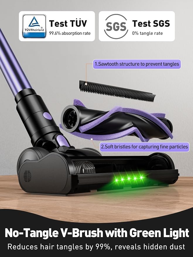 Cordless Vacuum Cleaner for Home, 55KPa Powerful Suction, Self-Standing Stick Vacuum with Charging Dock, Anti-Tangle Brush, Lightweight for Pet Hair, Carpet, Hardwood Floor(Purple)
