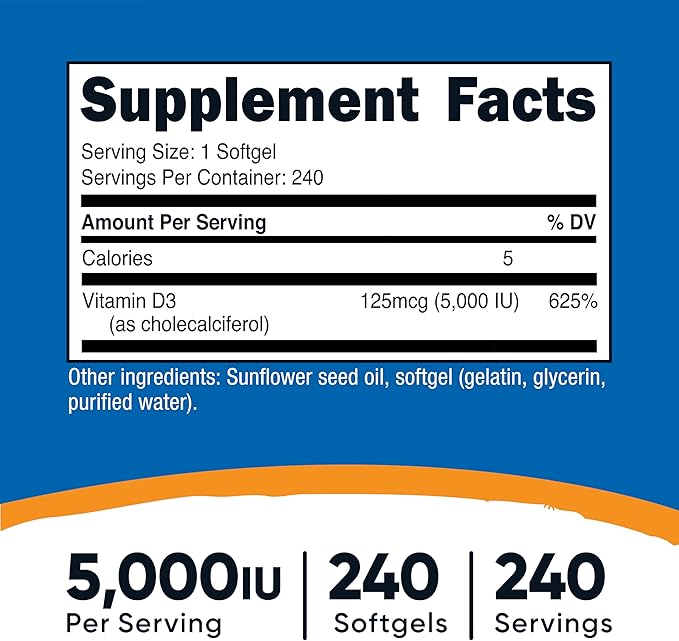 Nutricost ビタミンD3 5,000IU（125mcg）、240ソフトジェル - 非遺伝子組み換え、グルテンフリーのビタミンD