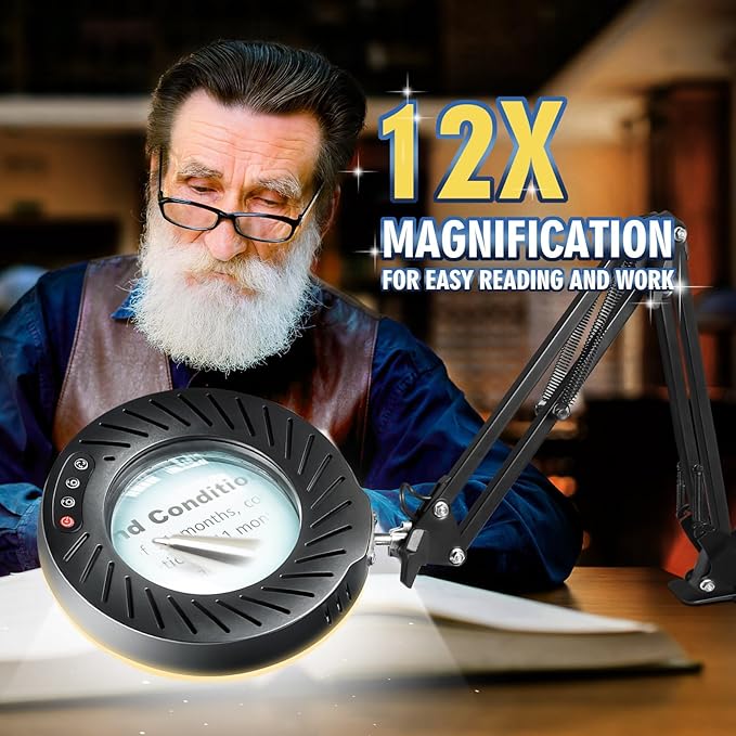12X Magnifying Glass with Light and Stand, 144 LEDs Brightest Desktop Magnifying Lamp, 10 Dimmable Brightness 5 Color Modes, Hands Free Metal Swing Arm Desk Lamp for Craft Reading Painting (black)