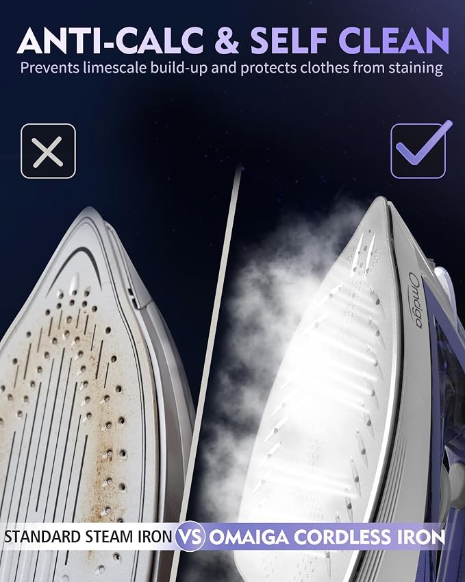 OMAIGA Cordless Steam Iron for Clothes, 1550W 2-in-1 Cordless and Corded Iron with Rapid Heat, Ceramic Soleplate, 3-Way Auto-Off, 12.85 oz Water Tank, Lavender