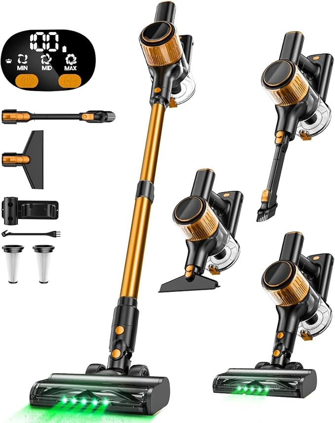 VICEASE Cordless Vacuum Cleaner, 8 in 1 Powerful Suction Lightweight Vacuum Cleaner for Home, LED Display, 3 Suction Modes, 45Mins Detachable Battery Vacuum for Hard Floor Carpet Pet Hair (Gold)