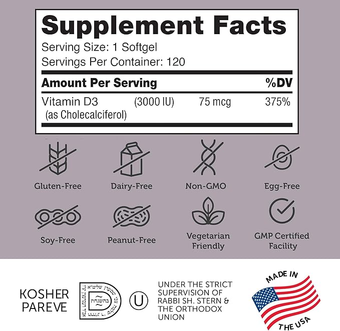 Zahler - Vitamine D3 avancée 3000 UI capsules molles (120 gélules) Casher Végétarien Vitamine D pour le soutien immunitaire, la santé des os, des dents et des muscles - Supplément quotidien de vitamine D3 pour adultes - Facile à avaler.