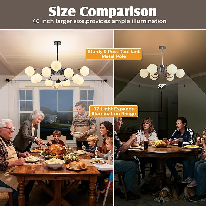 12-Light Milk Glass Pendant Light, 40" Sputnik Bubble Glass Chandelier Light Fixture, Hand Blown Semi Flush Mount Ceiling Chandeliers Lighting for Dining Room, Living Room (Black, 12-Light Chandelier)