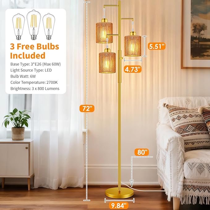 Hotsonic 72" Tall Boho Rattan Style Floor Lamp with Hand-Woven Paper Cord Shade, Dimmable Industrial Tree Standing Lamp for Living Room, Bedroom, Study Room, Office (3 x 800LM Bulbs Included) - Gold