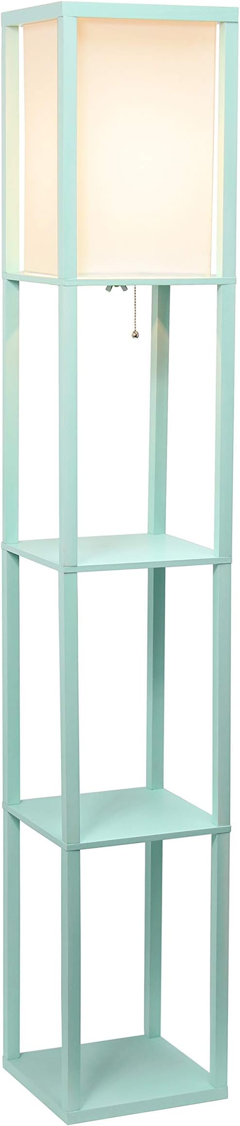 Simple Designs LF1014-AQU-LB Three Shelf Etagere Organizer Storage Floor Lamp with White Linen Shade for Living Room, Bedroom, Office, Hallway, Aqua, with Feit LED Bulb Included
