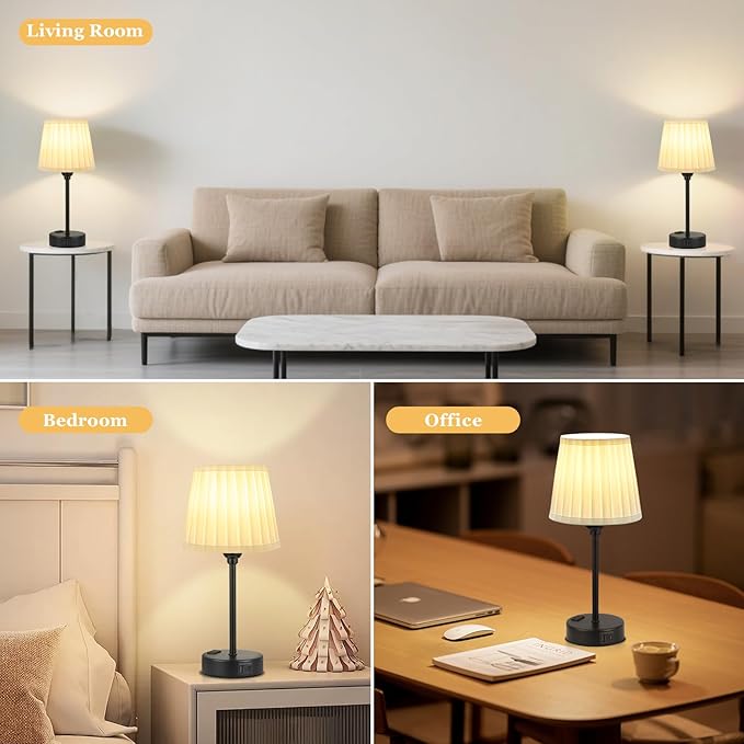 White Bedside Lamps for bedrooms Set of 2 - White Pleated Lamp Shade with USB Charging Ports, Touch Lamps for Nighstand, Night Stand Lamp for Dorm/Office/Living Room/Class Room