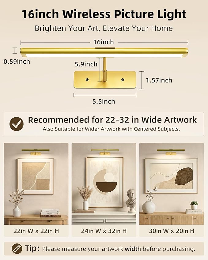 EZVALO Picture Light for Wall, 4800mAh Rechargeable Wireless Remote, 16in Dimmable Magnetic LED Art Display Light with 3 Color Temperatures, for Gallery, Living Room, Bedroom, Hallway (Gold)