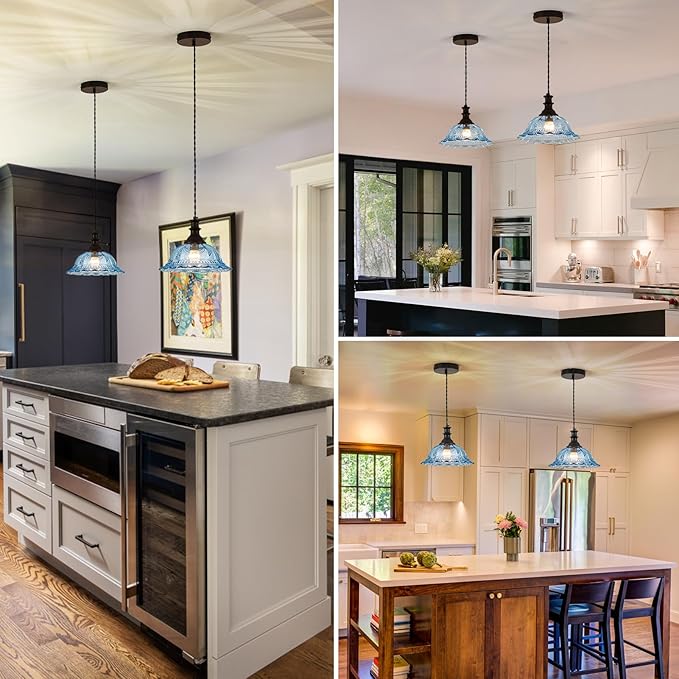 HDDFL Glass Pendant Lights Modern Pendant Lighting Fixtures Hanging Lamp for Kitchen Island Bedroom Dining Room Coffee Shop Hallway Blue and Black 2 Pack