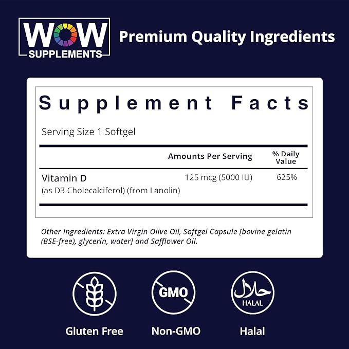 WOW Supplements Vitamine D3 5000 UI Gélules, 125 mcg - Supplément Vitamine D3 5000UI pour des os solides et un soutien immunitaire - Sans OGM, Sans gluten Vitamine D 5000 UI - VIT D3 5000 UI Gélules - 120 Gélules